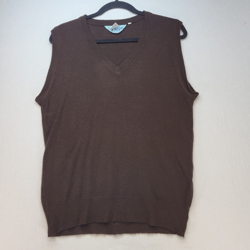 KP Sweater Vest Mens M Brown V-Neck Knit Solid Classic Layering Made in Poland